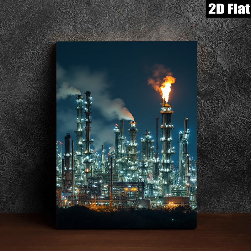 2D flat 1pc Industrial Nightscape Refinery Towers Glowing Flames Modern Wall Art Living Room Bedroom Decor Gallery Wrapped Canvas Print Coastal Farmhouse Style