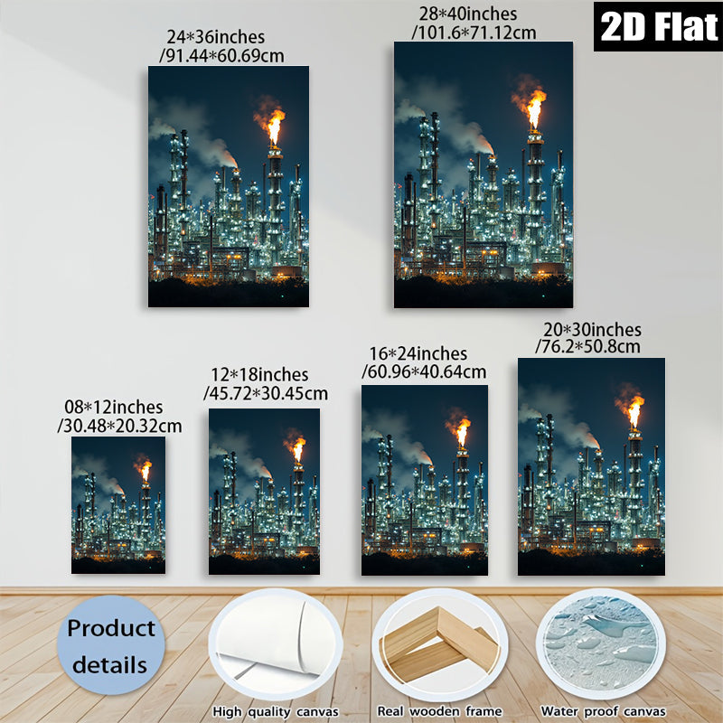 2D flat 1pc Industrial Nightscape Refinery Towers Glowing Flames Modern Wall Art Living Room Bedroom Decor Gallery Wrapped Canvas Print Coastal Farmhouse Style