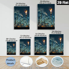 2D flat 1pc Industrial Nightscape Refinery Towers Glowing Flames Modern Wall Art Living Room Bedroom Decor Gallery Wrapped Canvas Print Coastal Farmhouse Style