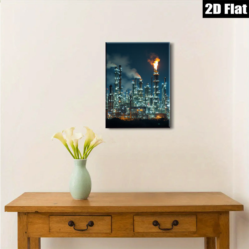 2D flat 1pc Industrial Nightscape Refinery Towers Glowing Flames Modern Wall Art Living Room Bedroom Decor Gallery Wrapped Canvas Print Coastal Farmhouse Style