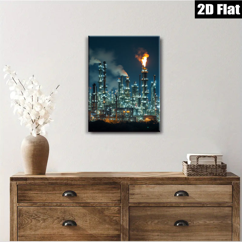 2D flat 1pc Industrial Nightscape Refinery Towers Glowing Flames Modern Wall Art Living Room Bedroom Decor Gallery Wrapped Canvas Print Coastal Farmhouse Style