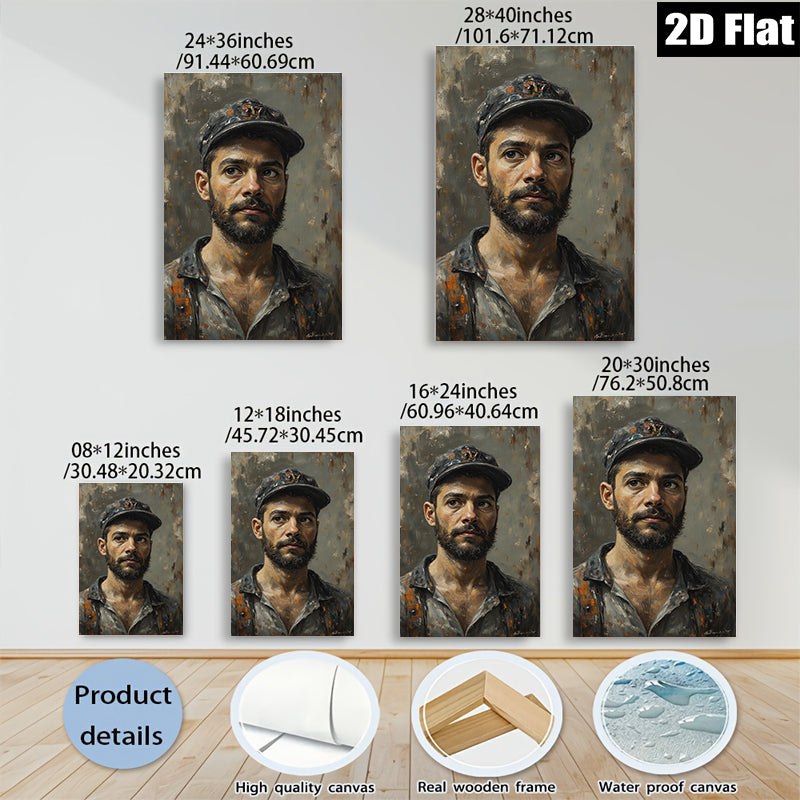 2D flat 1pc Intense Portrait Man with Cap Rustic Gallery Wall Art Living Room Bedroom Decor Farmhouse Style Canvas Prints Modern Home Accents