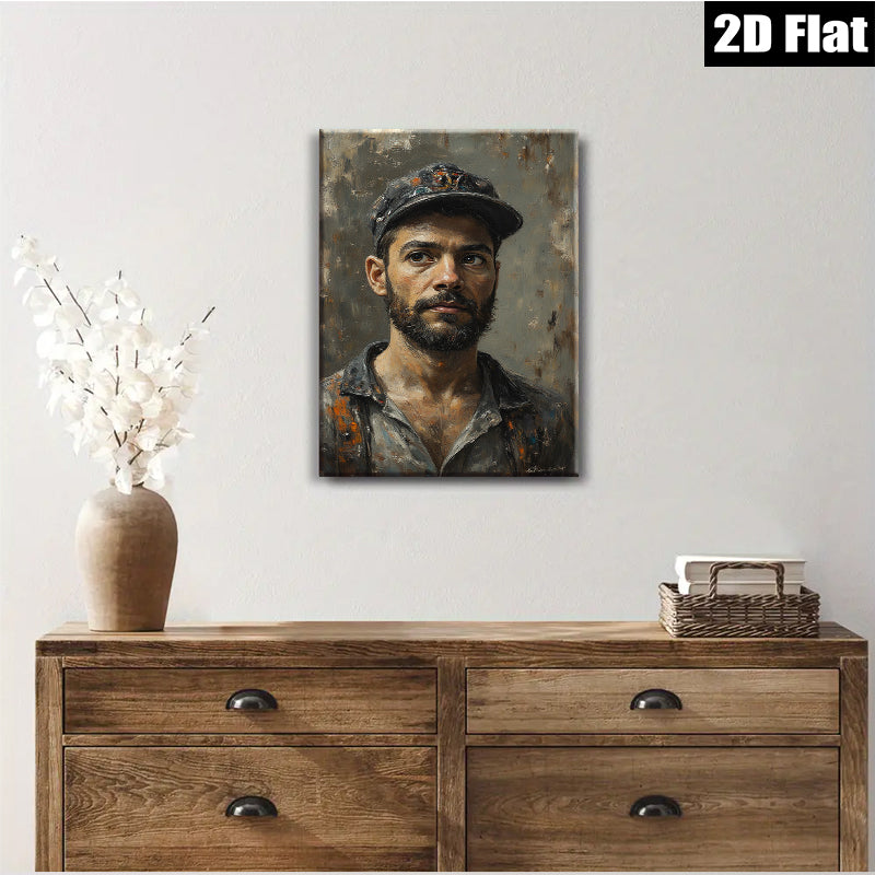 2D flat 1pc Intense Portrait Man with Cap Rustic Gallery Wall Art Living Room Bedroom Decor Farmhouse Style Canvas Prints Modern Home Accents