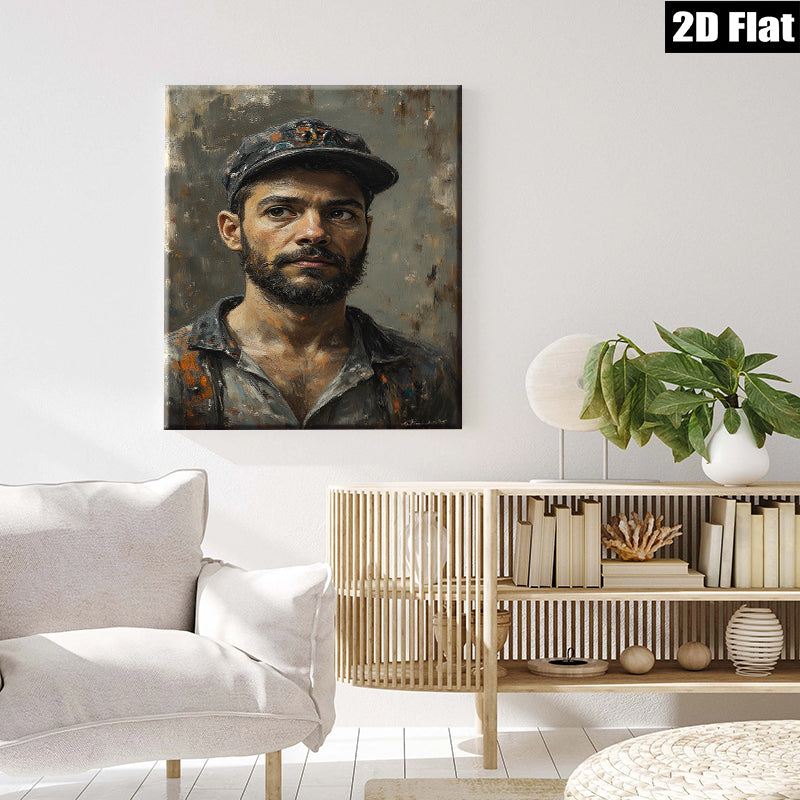 2D flat 1pc Intense Portrait Man with Cap Rustic Gallery Wall Art Living Room Bedroom Decor Farmhouse Style Canvas Prints Modern Home Accents