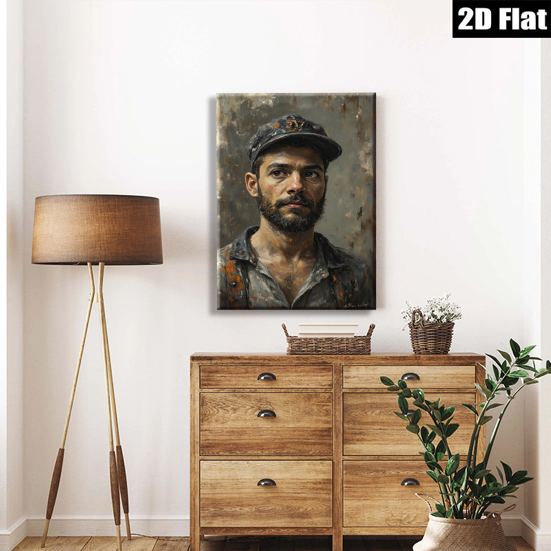 2D flat 1pc Intense Portrait Man with Cap Rustic Gallery Wall Art Living Room Bedroom Decor Farmhouse Style Canvas Prints Modern Home Accents