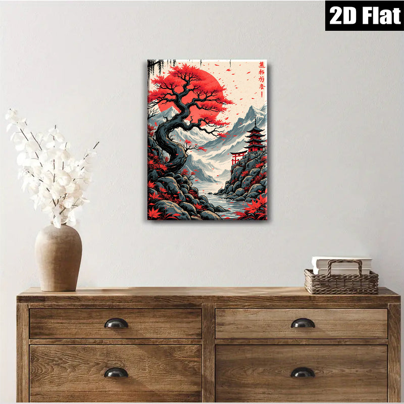 2D flat 1pc Japanese Maple Autumn Landscape Wall Art Canvas Prints for Living Room Bedroom Home Decor Modern Farmhouse Rustic Style Gallery Wrapped Ready to Hang