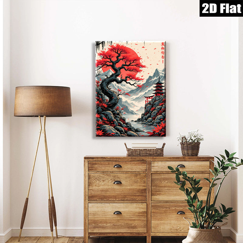 2D flat 1pc Japanese Maple Autumn Landscape Wall Art Canvas Prints for Living Room Bedroom Home Decor Modern Farmhouse Rustic Style Gallery Wrapped Ready to Hang