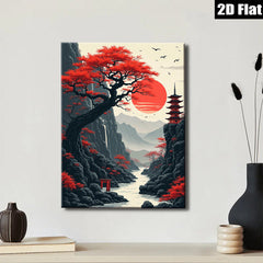 2D flat 1pc Japanese Pagoda Red Maple Scenic Wall Art Canvas Prints for Living Room Bedroom Home Decor Modern Farmhouse Style