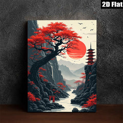 2D flat 1pc Japanese Pagoda Red Maple Scenic Wall Art Canvas Prints for Living Room Bedroom Home Decor Modern Farmhouse Style