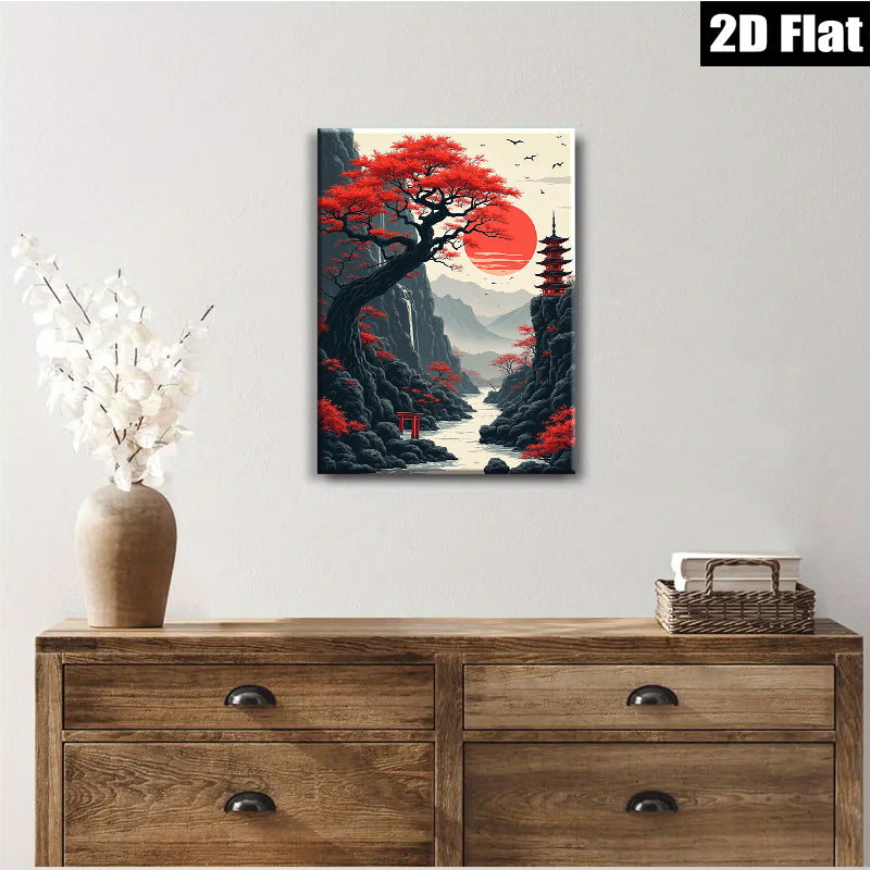 2D flat 1pc Japanese Pagoda Red Maple Scenic Wall Art Canvas Prints for Living Room Bedroom Home Decor Modern Farmhouse Style