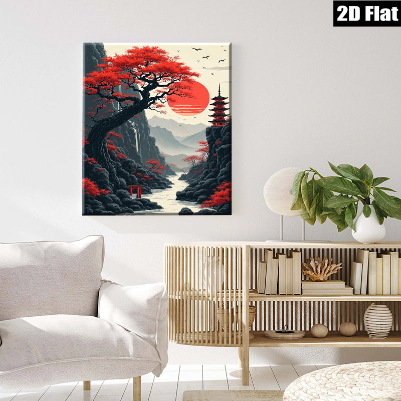 2D flat 1pc Japanese Pagoda Red Maple Scenic Wall Art Canvas Prints for Living Room Bedroom Home Decor Modern Farmhouse Style