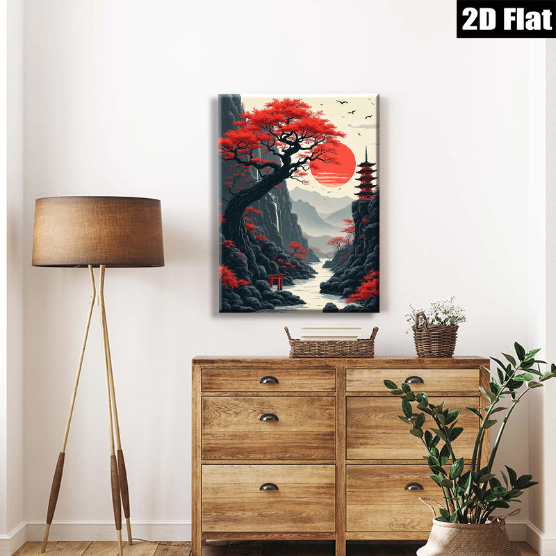 2D flat 1pc Japanese Pagoda Red Maple Scenic Wall Art Canvas Prints for Living Room Bedroom Home Decor Modern Farmhouse Style