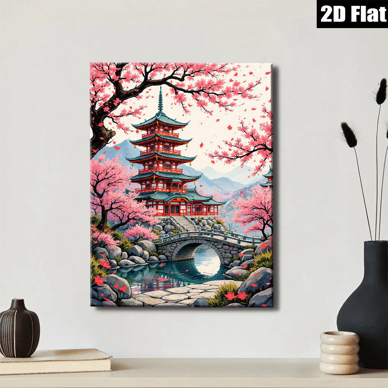 2D flat 1pc Japanese Pagoda Spring Bloom Zen Garden Wall Art Decor Living Room Bedroom Home Office Modern Farmhouse Gallery Wrapped Canvas Prints
