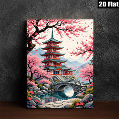 2D flat 1pc Japanese Pagoda Spring Bloom Zen Garden Wall Art Decor Living Room Bedroom Home Office Modern Farmhouse Gallery Wrapped Canvas Prints