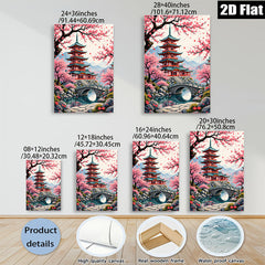 2D flat 1pc Japanese Pagoda Spring Bloom Zen Garden Wall Art Decor Living Room Bedroom Home Office Modern Farmhouse Gallery Wrapped Canvas Prints