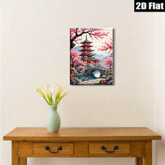 2D flat 1pc Japanese Pagoda Spring Bloom Zen Garden Wall Art Decor Living Room Bedroom Home Office Modern Farmhouse Gallery Wrapped Canvas Prints