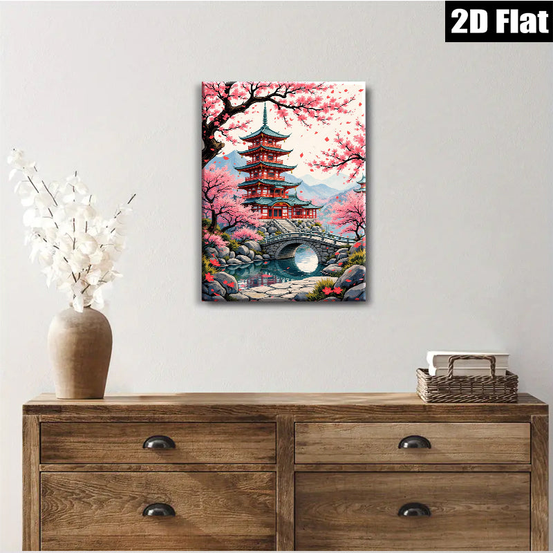 2D flat 1pc Japanese Pagoda Spring Bloom Zen Garden Wall Art Decor Living Room Bedroom Home Office Modern Farmhouse Gallery Wrapped Canvas Prints