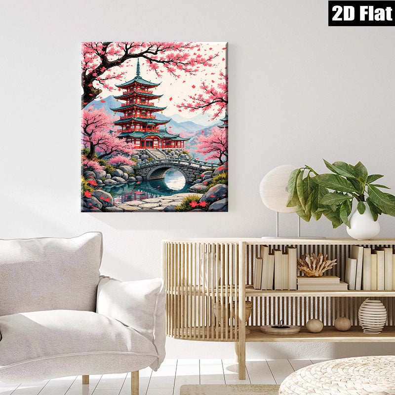 2D flat 1pc Japanese Pagoda Spring Bloom Zen Garden Wall Art Decor Living Room Bedroom Home Office Modern Farmhouse Gallery Wrapped Canvas Prints