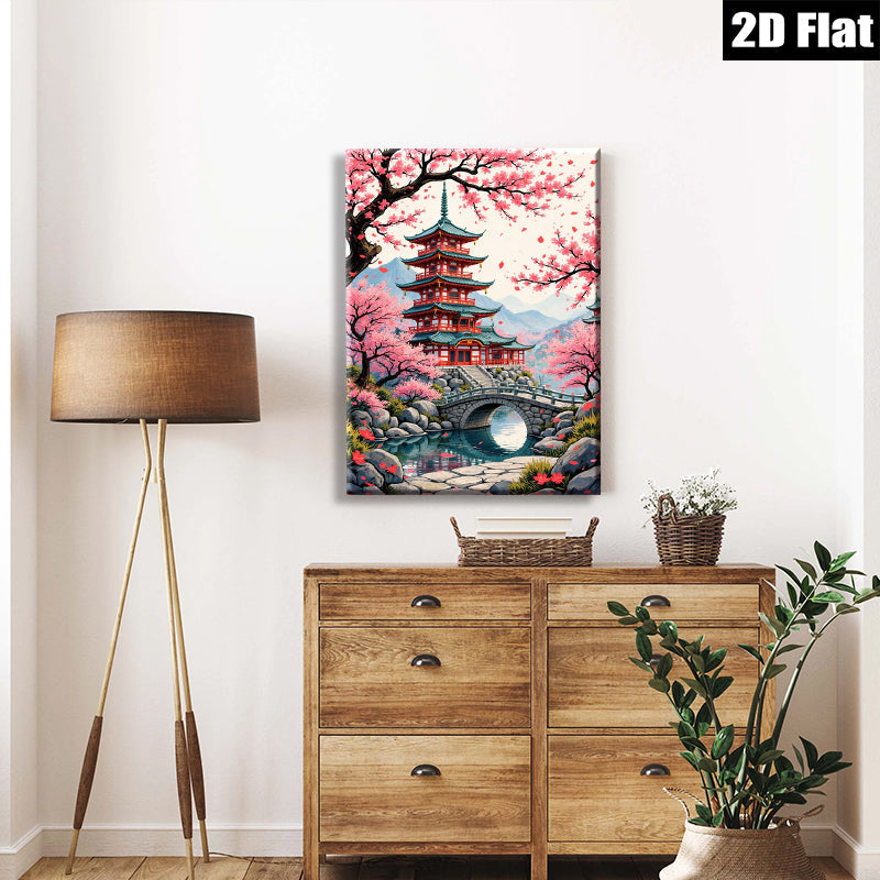 2D flat 1pc Japanese Pagoda Spring Bloom Zen Garden Wall Art Decor Living Room Bedroom Home Office Modern Farmhouse Gallery Wrapped Canvas Prints