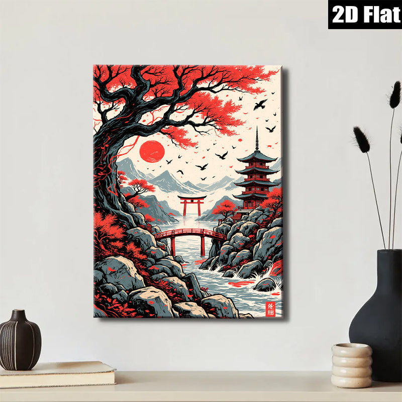 2D flat 1pc Japanese Torii Gate Mountain River Landscape Wall Art Prints Canvas Painting Home Decor Living Room Bedroom Office Modern Farmhouse Style