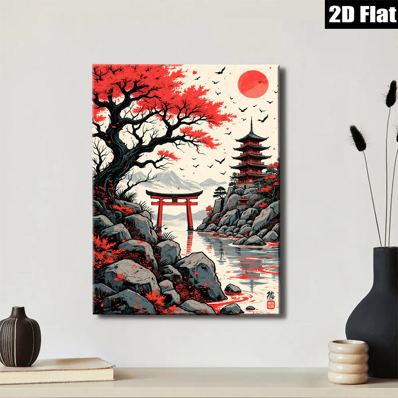 2D flat 1pc Japanese Torii Gate serene landscape wall art canvas prints for living room bedroom home decor farmhouse style modern aesthetic gallery wrapped
