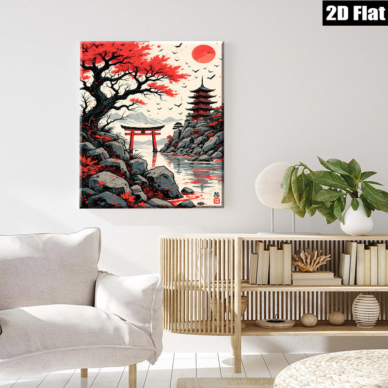 2D flat 1pc Japanese Torii Gate serene landscape wall art canvas prints for living room bedroom home decor farmhouse style modern aesthetic gallery wrapped