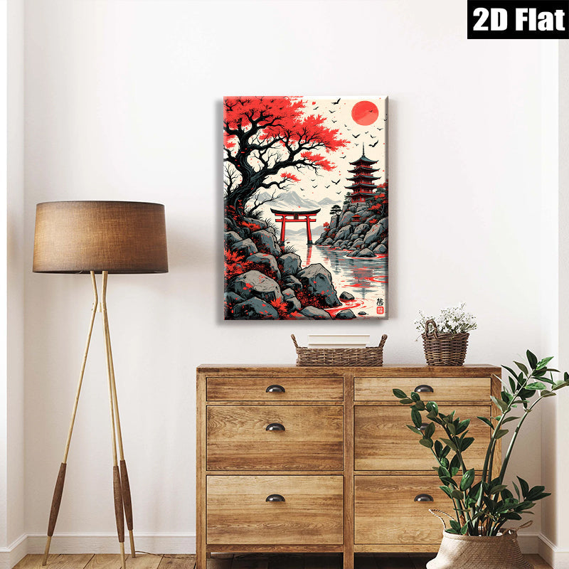 2D flat 1pc Japanese Torii Gate serene landscape wall art canvas prints for living room bedroom home decor farmhouse style modern aesthetic gallery wrapped