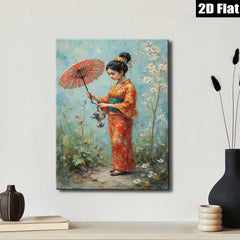 2D flat 1pc Japanese Woman with Red Umbrella Floral Garden Wall Art Living Room Bedroom Decor Canvas Prints Modern Farmhouse Style Cozy Aesthetic