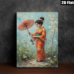 2D flat 1pc Japanese Woman with Red Umbrella Floral Garden Wall Art Living Room Bedroom Decor Canvas Prints Modern Farmhouse Style Cozy Aesthetic