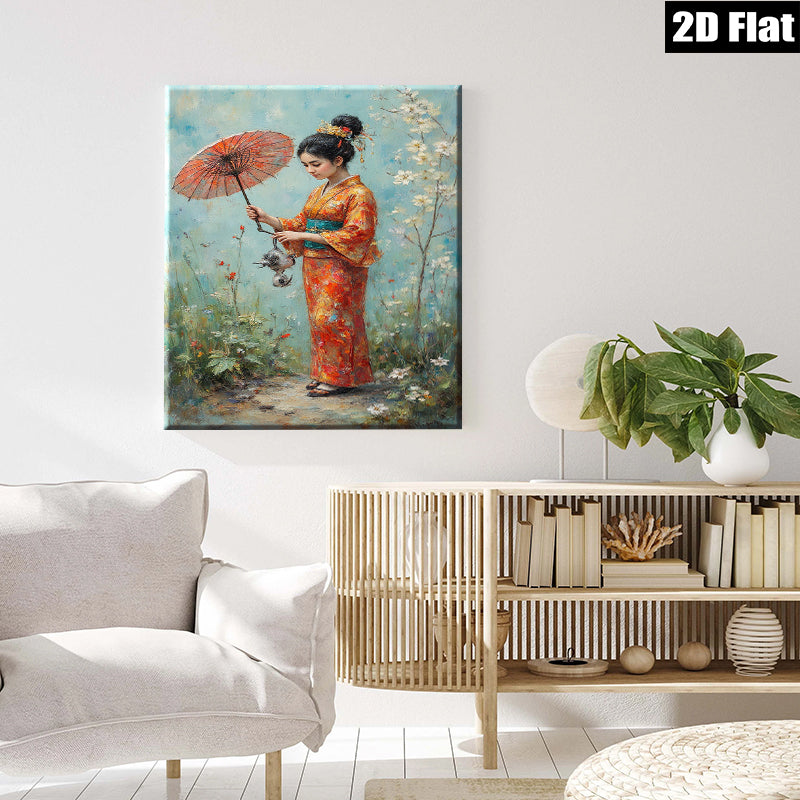 2D flat 1pc Japanese Woman with Red Umbrella Floral Garden Wall Art Living Room Bedroom Decor Canvas Prints Modern Farmhouse Style Cozy Aesthetic
