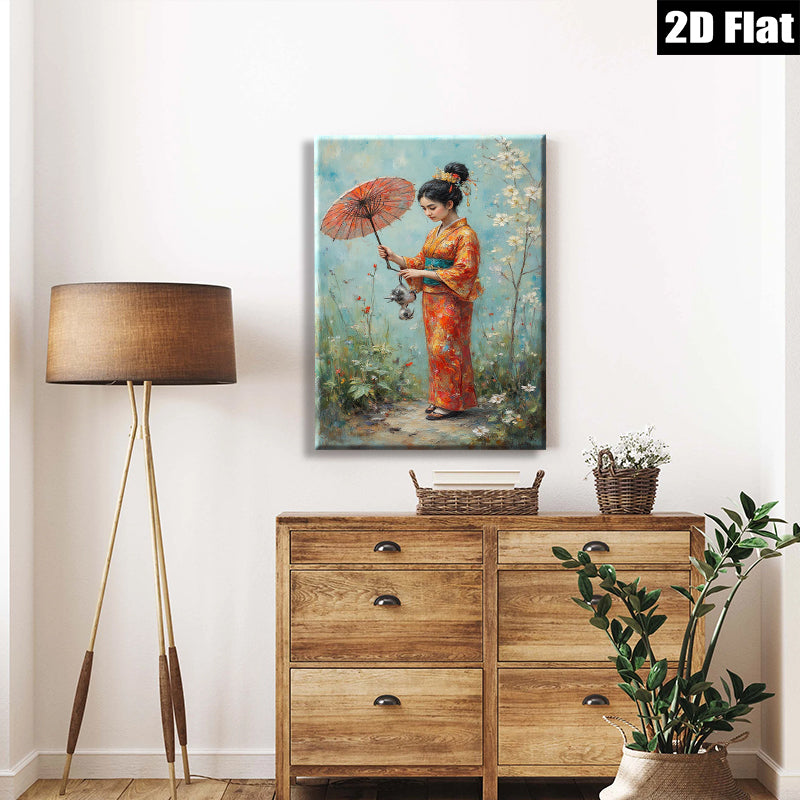 2D flat 1pc Japanese Woman with Red Umbrella Floral Garden Wall Art Living Room Bedroom Decor Canvas Prints Modern Farmhouse Style Cozy Aesthetic