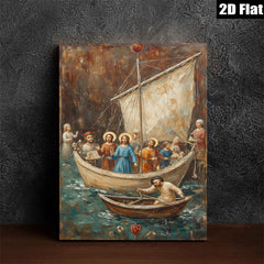 2D flat 1pc Jesus Calm Storm Boat Religious Wall Art Canvas Print for Living Room Bedroom Decor Farmhouse Style Gallery Wrapped Ready to Hang