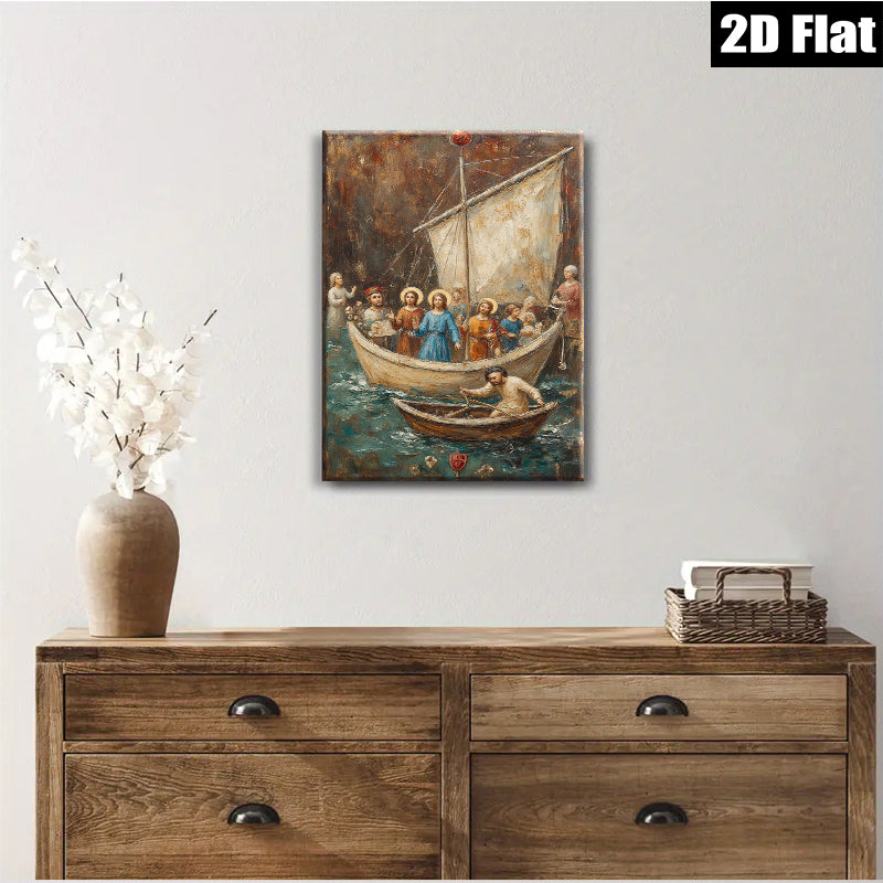 2D flat 1pc Jesus Calm Storm Boat Religious Wall Art Canvas Print for Living Room Bedroom Decor Farmhouse Style Gallery Wrapped Ready to Hang