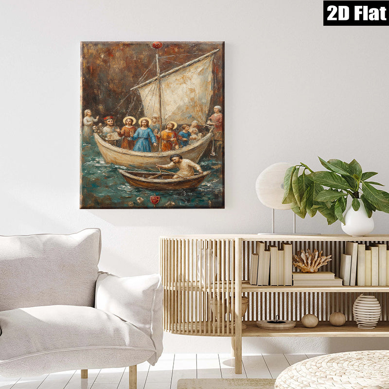 2D flat 1pc Jesus Calm Storm Boat Religious Wall Art Canvas Print for Living Room Bedroom Decor Farmhouse Style Gallery Wrapped Ready to Hang