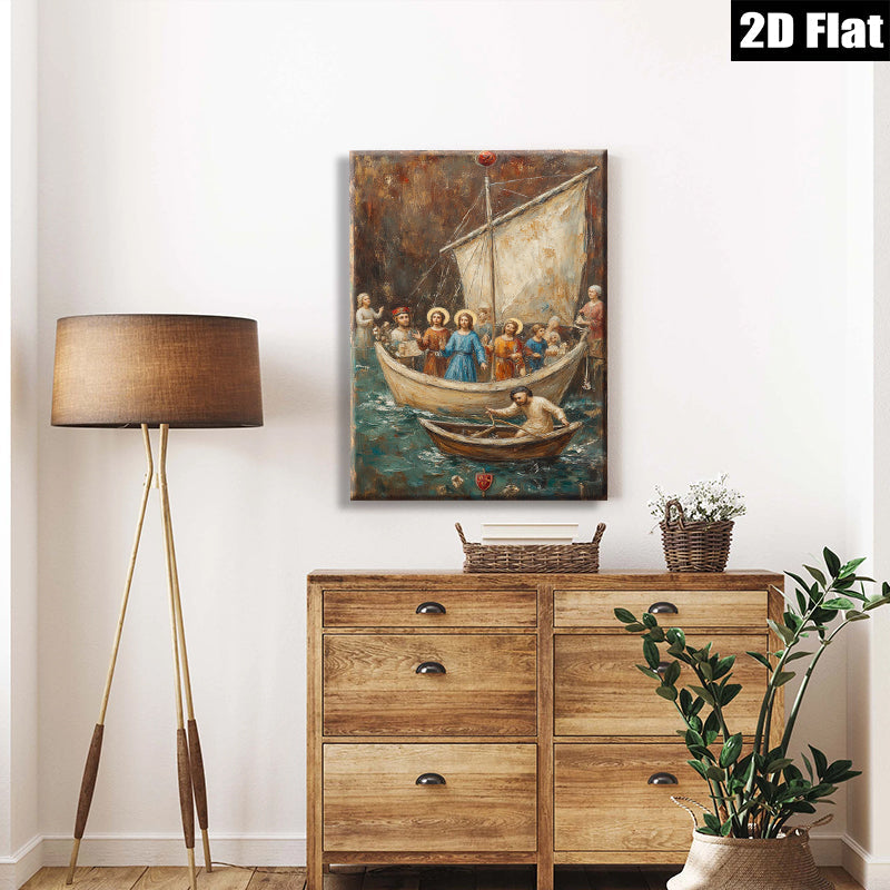 2D flat 1pc Jesus Calm Storm Boat Religious Wall Art Canvas Print for Living Room Bedroom Decor Farmhouse Style Gallery Wrapped Ready to Hang
