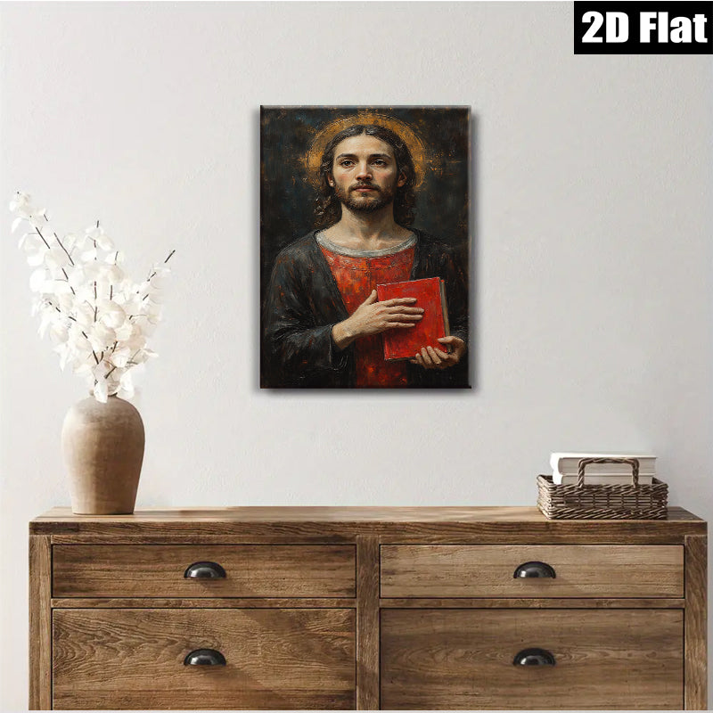 2D flat 1pc Jesus Christ Holding Red Book Religious Wall Art Canvas Print for Living Room Bedroom Home Decor Gallery Wrapped Modern Farmhouse Style