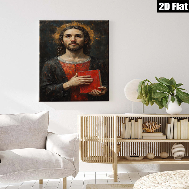 2D flat 1pc Jesus Christ Holding Red Book Religious Wall Art Canvas Print for Living Room Bedroom Home Decor Gallery Wrapped Modern Farmhouse Style