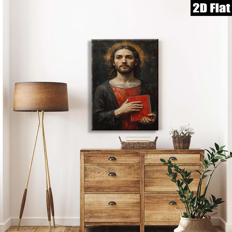 2D flat 1pc Jesus Christ Holding Red Book Religious Wall Art Canvas Print for Living Room Bedroom Home Decor Gallery Wrapped Modern Farmhouse Style