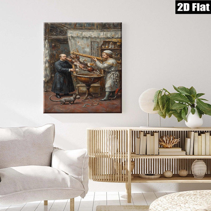 2D flat 1pc Kitchen Staff Preparing Game Bird Feast Rustic Farmhouse Wall Art Dining Room Decor Gallery Wrapped Canvas Prints for Living Room Bedroom Modern Home Accents