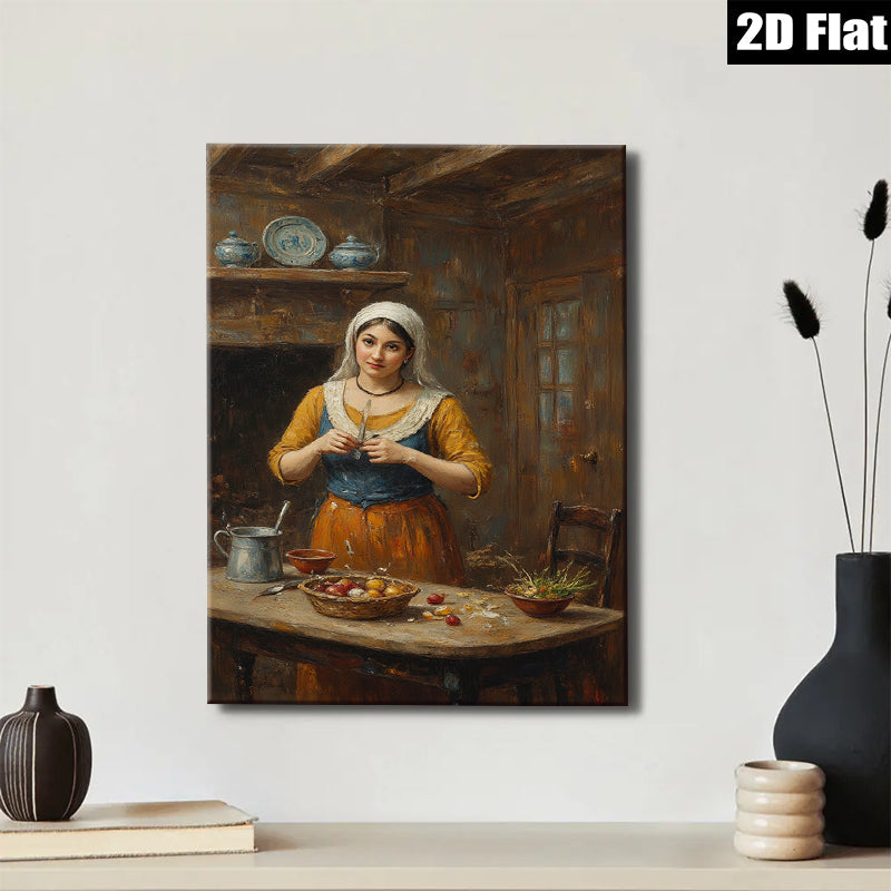 2D flat 1pc Kitchen Still Life Woman Preparing Meal Farmhouse Wall Art Dining Room Decor Rustic Country Style Canvas Prints for Living Room Bedroom