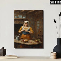 2D flat 1pc Kitchen Still Life Woman Preparing Meal Farmhouse Wall Art Dining Room Decor Rustic Country Style Canvas Prints for Living Room Bedroom