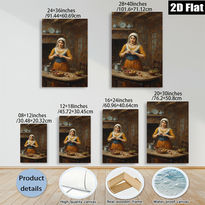 2D flat 1pc Kitchen Still Life Woman Preparing Meal Farmhouse Wall Art Dining Room Decor Rustic Country Style Canvas Prints for Living Room Bedroom
