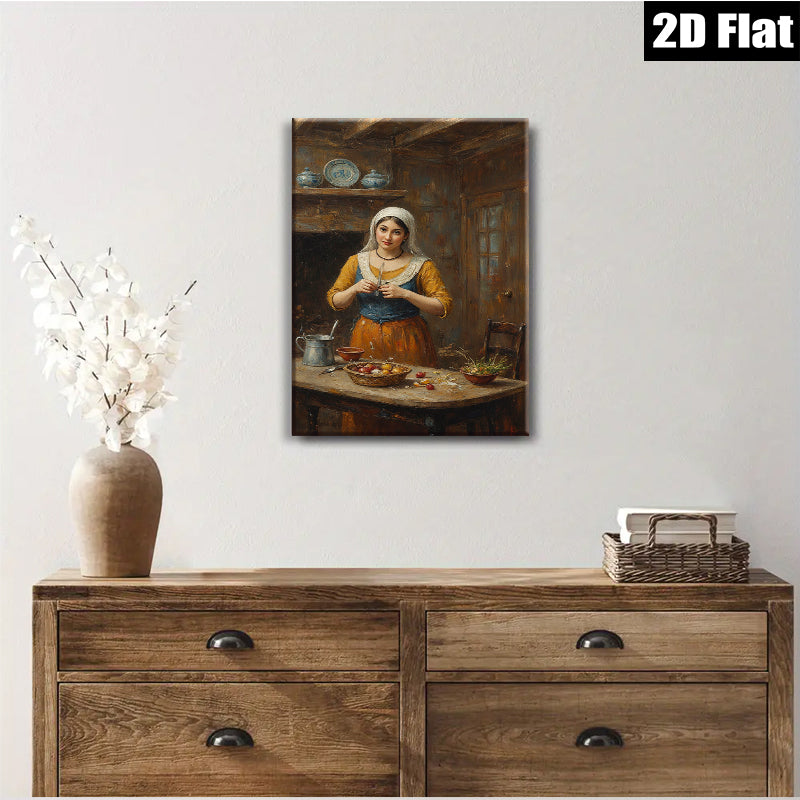 2D flat 1pc Kitchen Still Life Woman Preparing Meal Farmhouse Wall Art Dining Room Decor Rustic Country Style Canvas Prints for Living Room Bedroom