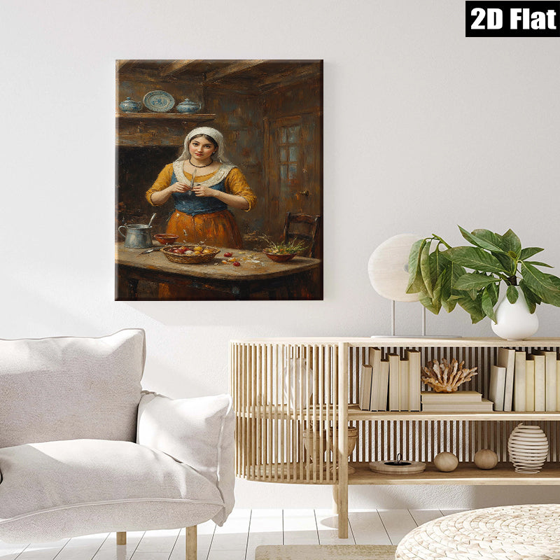 2D flat 1pc Kitchen Still Life Woman Preparing Meal Farmhouse Wall Art Dining Room Decor Rustic Country Style Canvas Prints for Living Room Bedroom