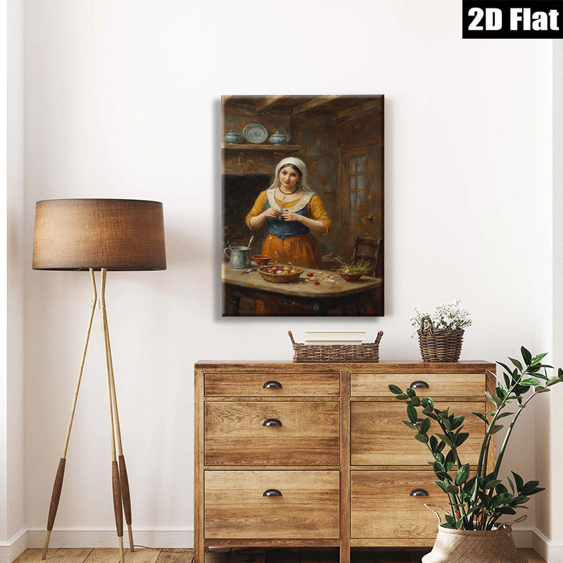 2D flat 1pc Kitchen Still Life Woman Preparing Meal Farmhouse Wall Art Dining Room Decor Rustic Country Style Canvas Prints for Living Room Bedroom