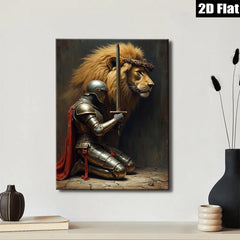 2D flat 1pc Knight Praying Before Lion King Wall Art Canvas Prints for Living Room Bedroom Home Decor farmhouse style modern minimalist gallery wrapped