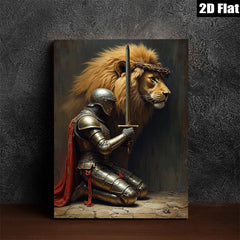 2D flat 1pc Knight Praying Before Lion King Wall Art Canvas Prints for Living Room Bedroom Home Decor farmhouse style modern minimalist gallery wrapped