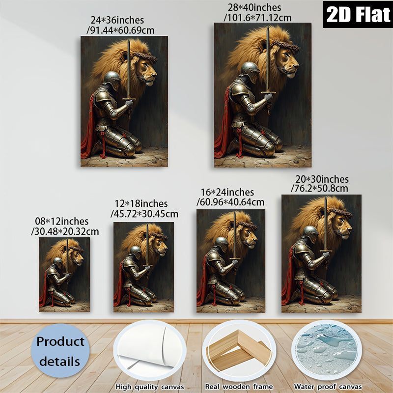2D flat 1pc Knight Praying Before Lion King Wall Art Canvas Prints for Living Room Bedroom Home Decor farmhouse style modern minimalist gallery wrapped