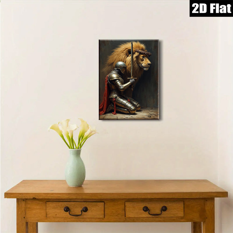 2D flat 1pc Knight Praying Before Lion King Wall Art Canvas Prints for Living Room Bedroom Home Decor farmhouse style modern minimalist gallery wrapped
