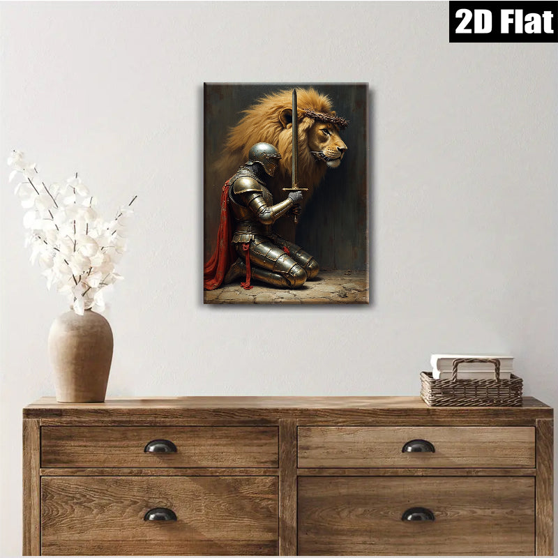 2D flat 1pc Knight Praying Before Lion King Wall Art Canvas Prints for Living Room Bedroom Home Decor farmhouse style modern minimalist gallery wrapped